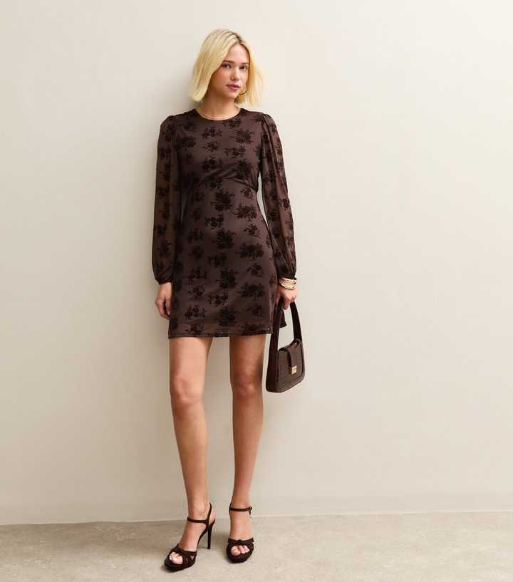 Brown Floral Flocked Mini Dress