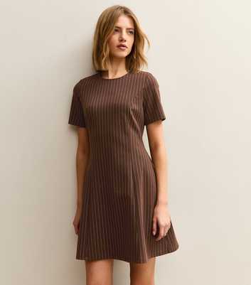 Brown Pinstriped Short Sleeve Mini Dress