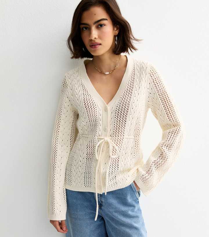 Cream Cotton Rich Stitchy Knit Tie Waist Cardigan