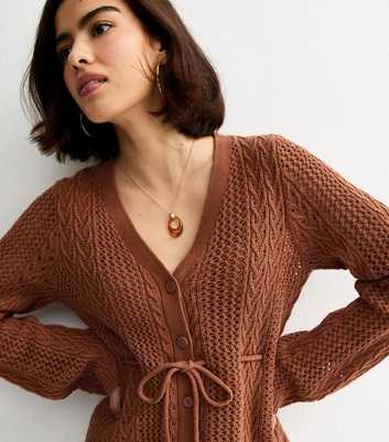Brown Cotton Rich Stitchy Knit Tie Waist Cardigan