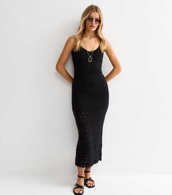 Black Cotton Rich Open Knit V-Neck Midi Dress