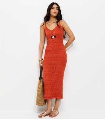 Bright Orange Cotton Rich Open Knit V-Neck Midi Dress