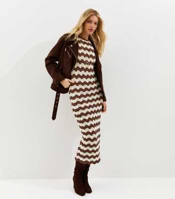 Brown Cotton Rich Knit Sleeveless Zig Zag Beach Maxi Dress