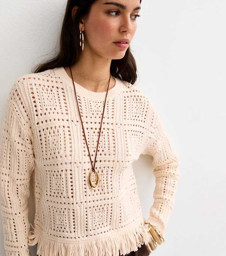 Oatmeal Cotton Rich Square Cut Out Fringed Jumper