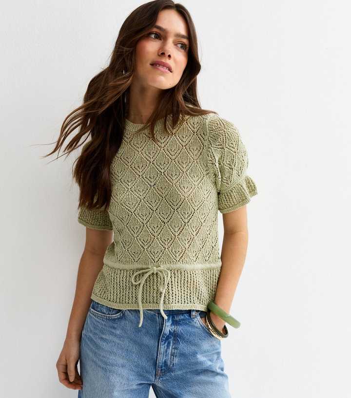 Petite Green Knit Tie Waist Top