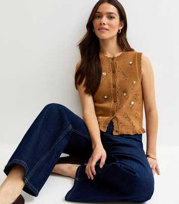 Petite Brown Cotton Rich Embroidered Scalloped Trim Waistcoat