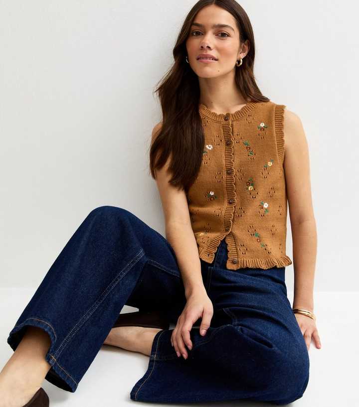 Petite Brown Cotton Rich Embroidered Scalloped Trim Waistcoat