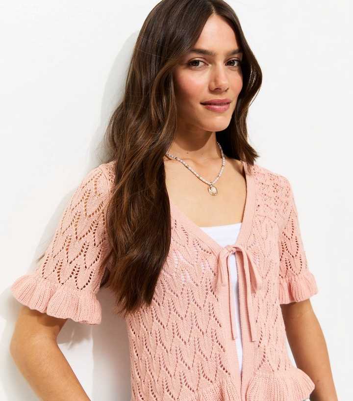 Petite Light Pink Open Knit Stitch Tie Short Sleeve Cardigan