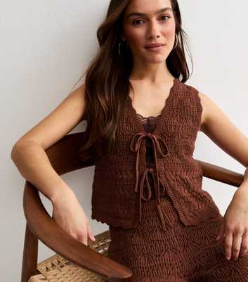 Petite Brown Cotton Rich Crochet-Look Knit Tie Front Waistcoat