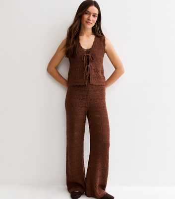 Petite Brown Cotton Rich Wave Stitchy Crochet-Look Knit Trousers