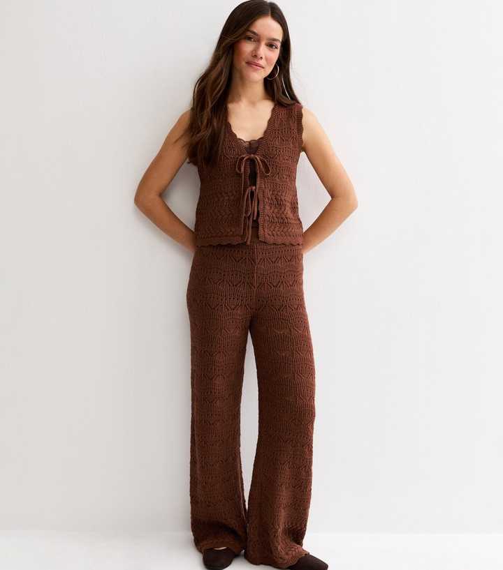 Petite Brown Cotton Rich Wave Stitchy Crochet-Look Knit Trousers