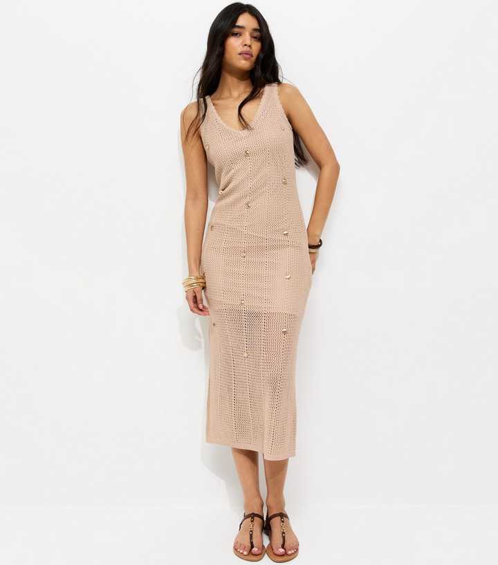 Oatmeal Stitchy Crochet Shell Applique Dress