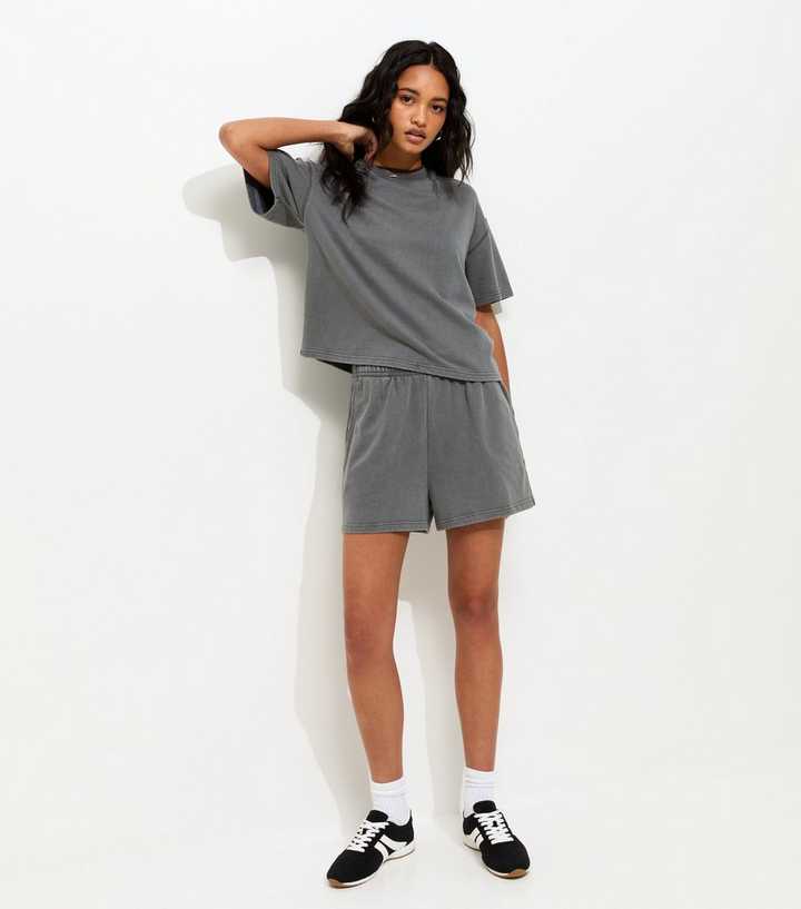 Dark Grey Acid Wash Jogger Shorts
