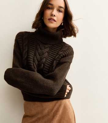 Dark Brown Cable Knit Roll Neck Jumper