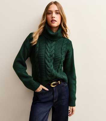 Dark Green Cable Knit Roll Neck Jumper