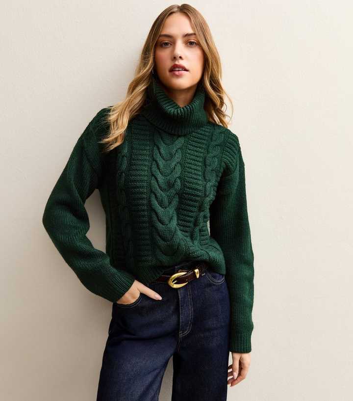 Dark Green Cable Knit Roll Neck Jumper | New Look