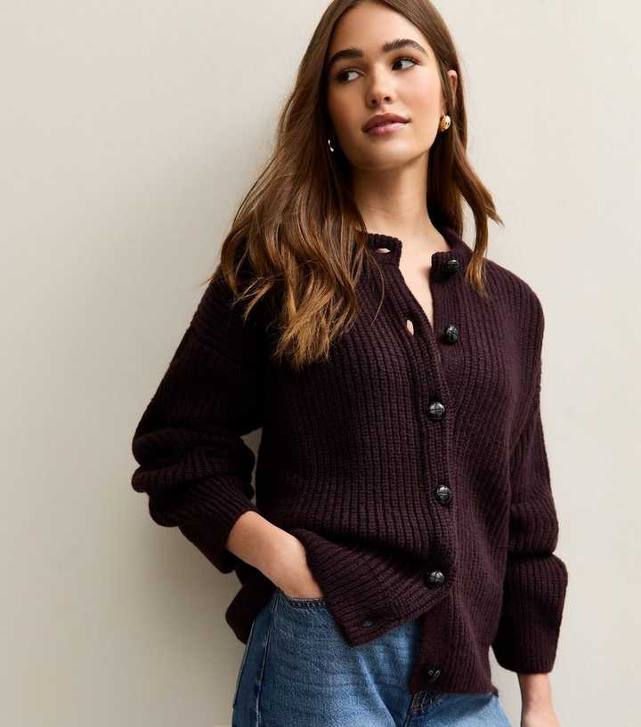 Dark Purple Rib Knit Cardigan
