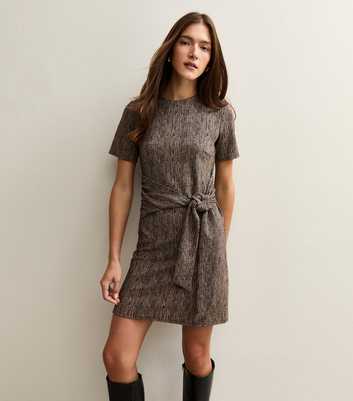 Brown Bark Print Tie Belt Mini Dress