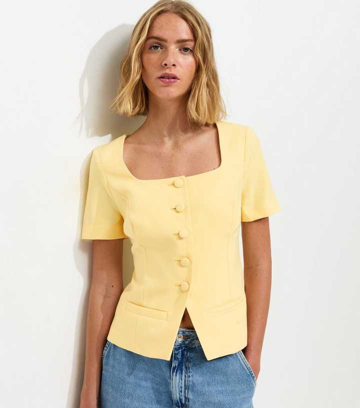 Light Yellow Square Neck Short Sleeve Blazer