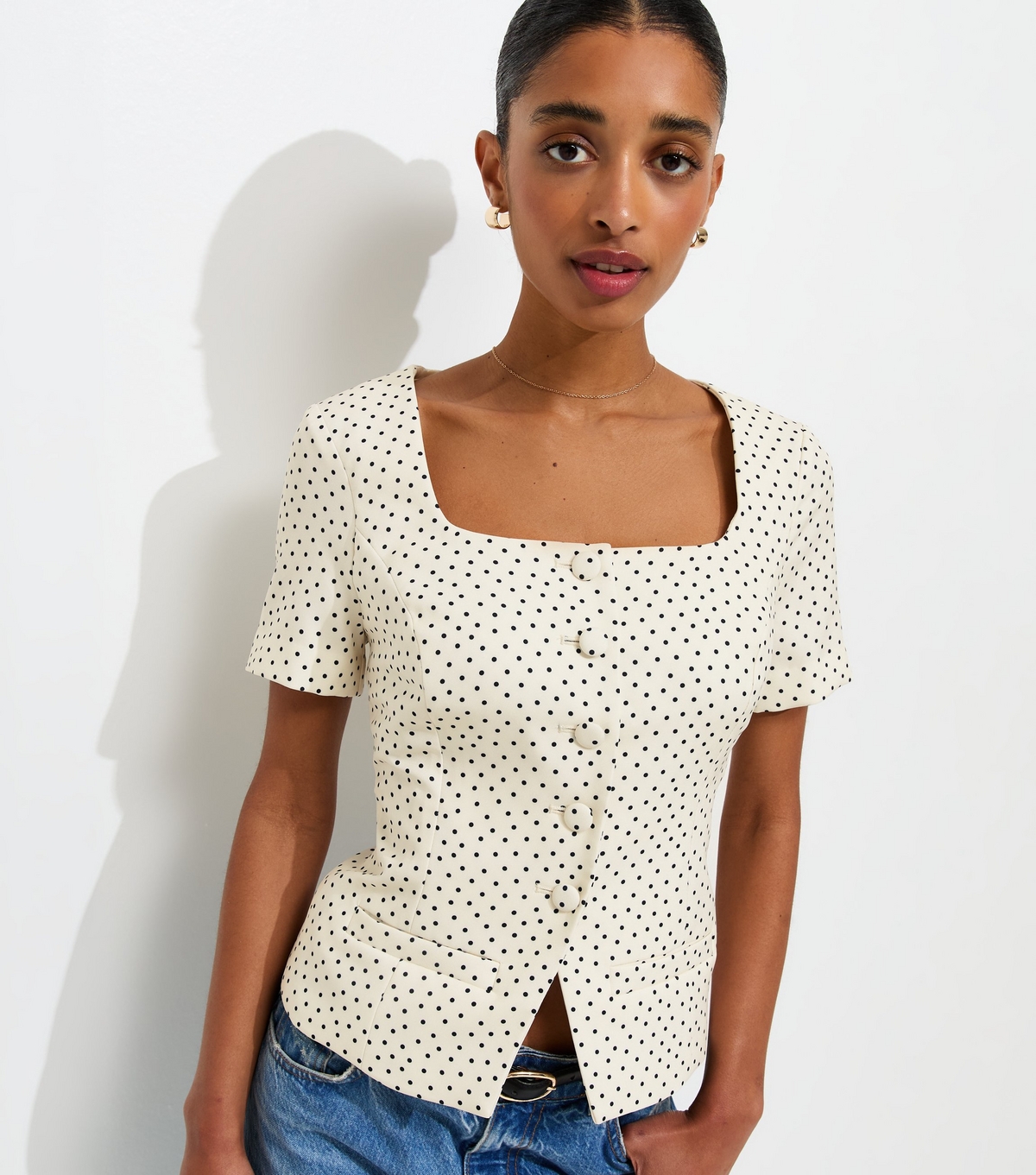 Women's White Spot Print Square Neck Short Sleeve Blazer New Look