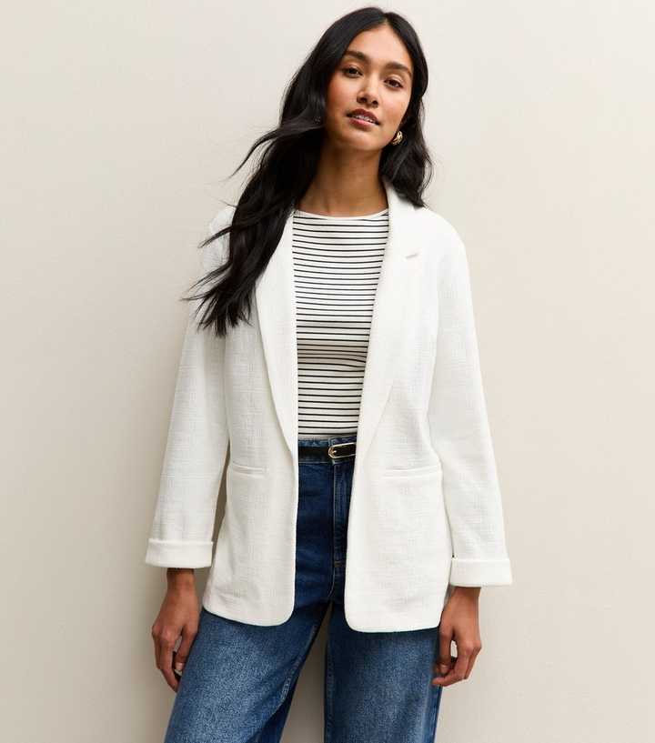 White Stretchy Textured Jersey Blazer