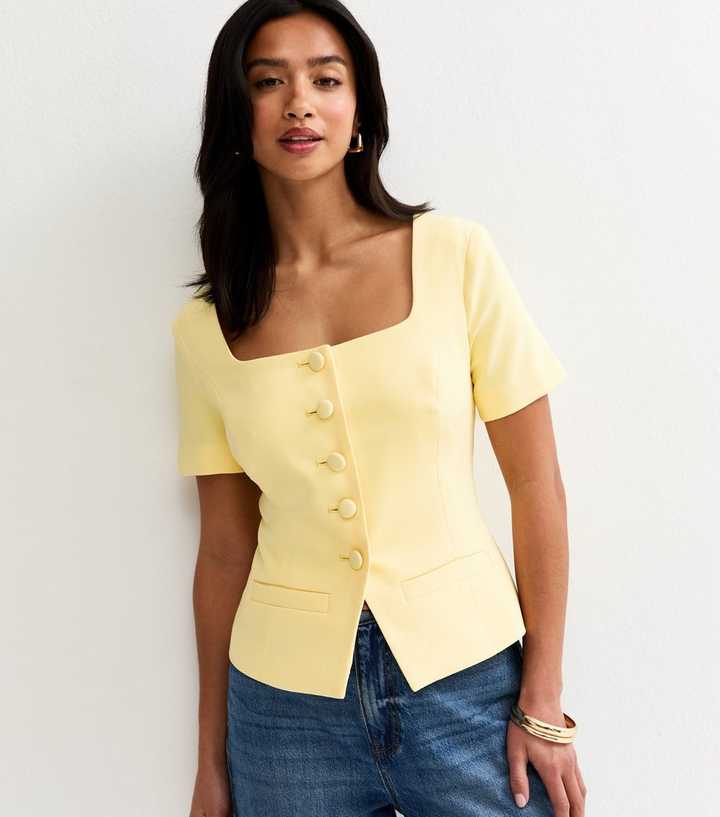 Petite Light Yellow Square Neck Short Sleeve Blazer Top