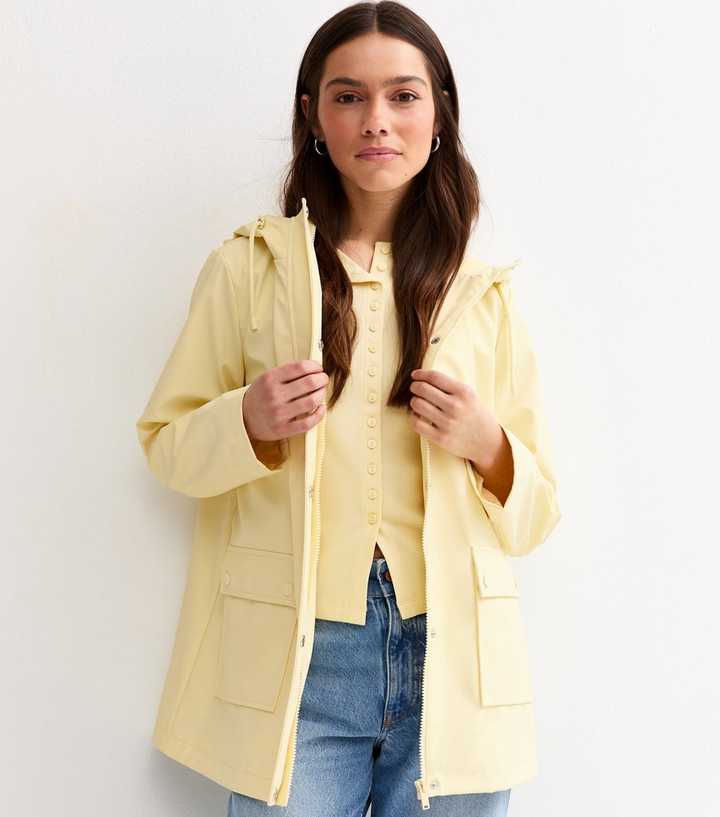 Petite Light Yellow Water Resistant Drawstring Hood Rain Anorak