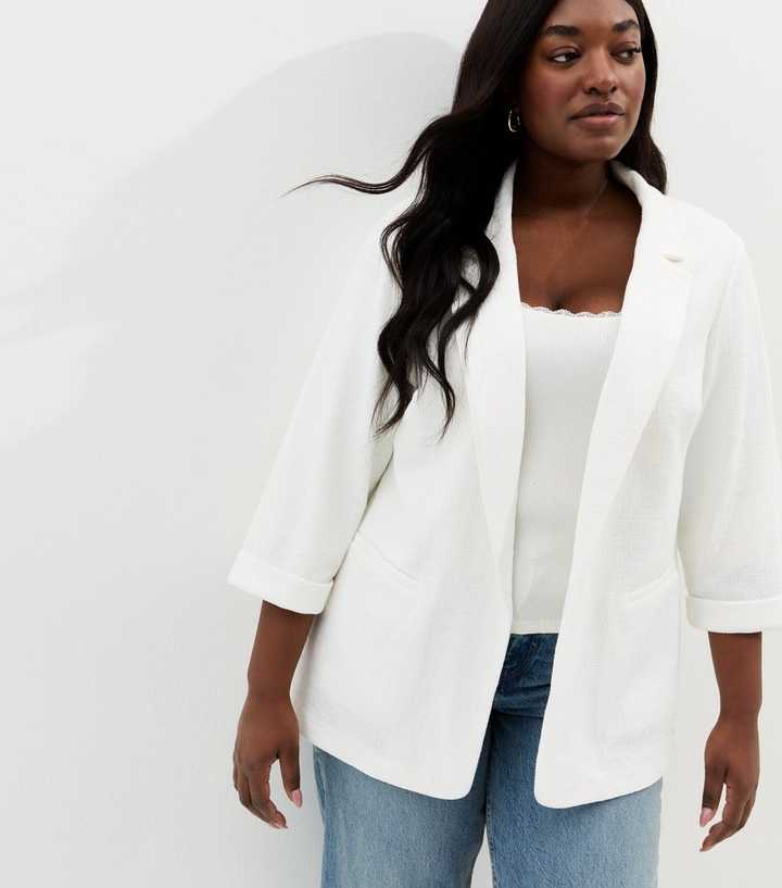 Curves White Textured Jersey Blazer