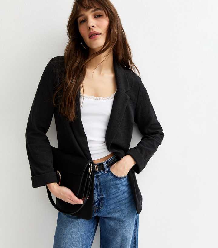 Tall Black Textured Stretch Jersey Blazer
