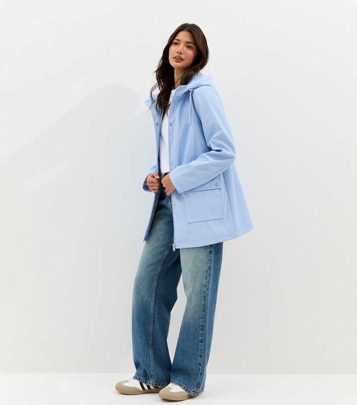 Light Blue Water Resistant Drawstring Hood Rain Anorak