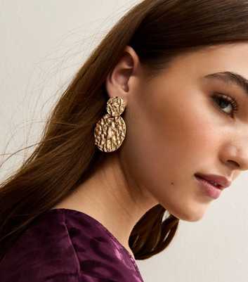 Gold Tone Textured Circle Drop Earrings