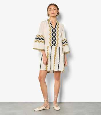 Apricot  Stone Zigzag Pattern Bell Sleeve Mini Dress