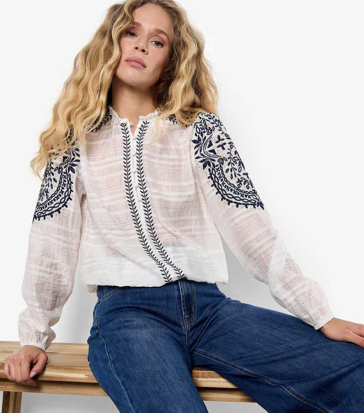 Apricot White Floral Embroidered Ruffle Neck Top