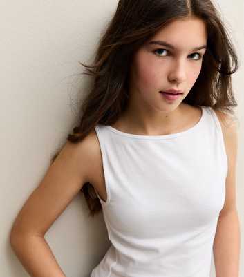 Girls White Stretch Cotton Tank Top