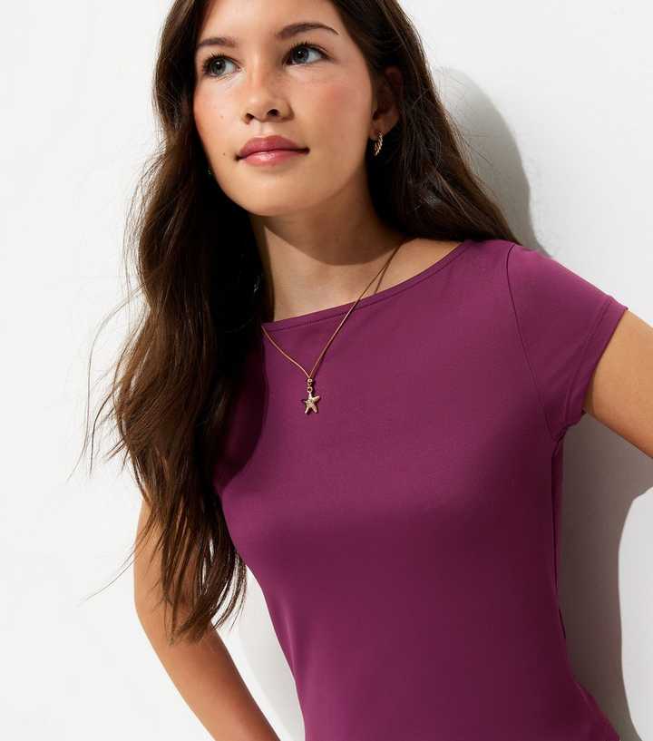 Girls Dark Purple Slash Neck Slinky T-Shirt