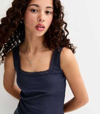Girls Navy Lace Trim Square Neck Vest Top