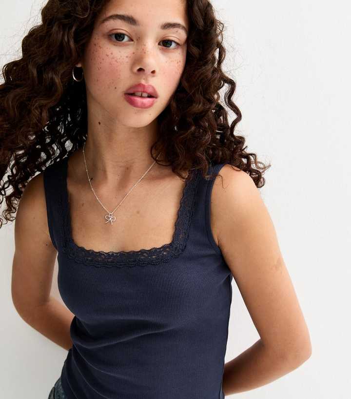 Girls Navy Lace Trim Square Neck Vest Top