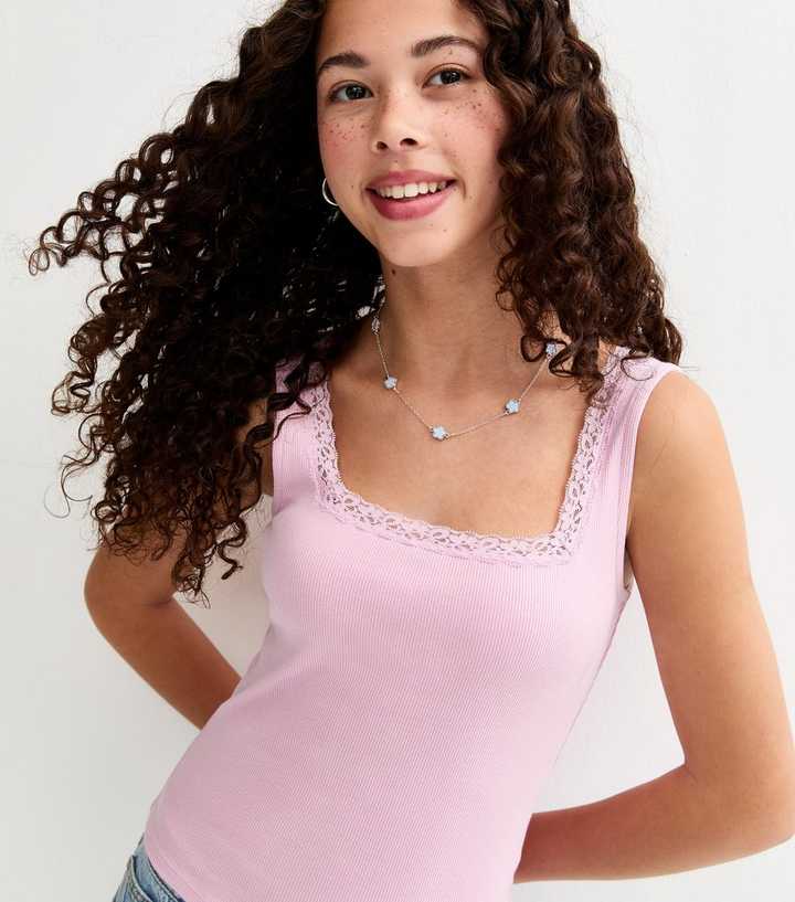 Girls Light Pink Lace Trim Square Neck Vest Top
