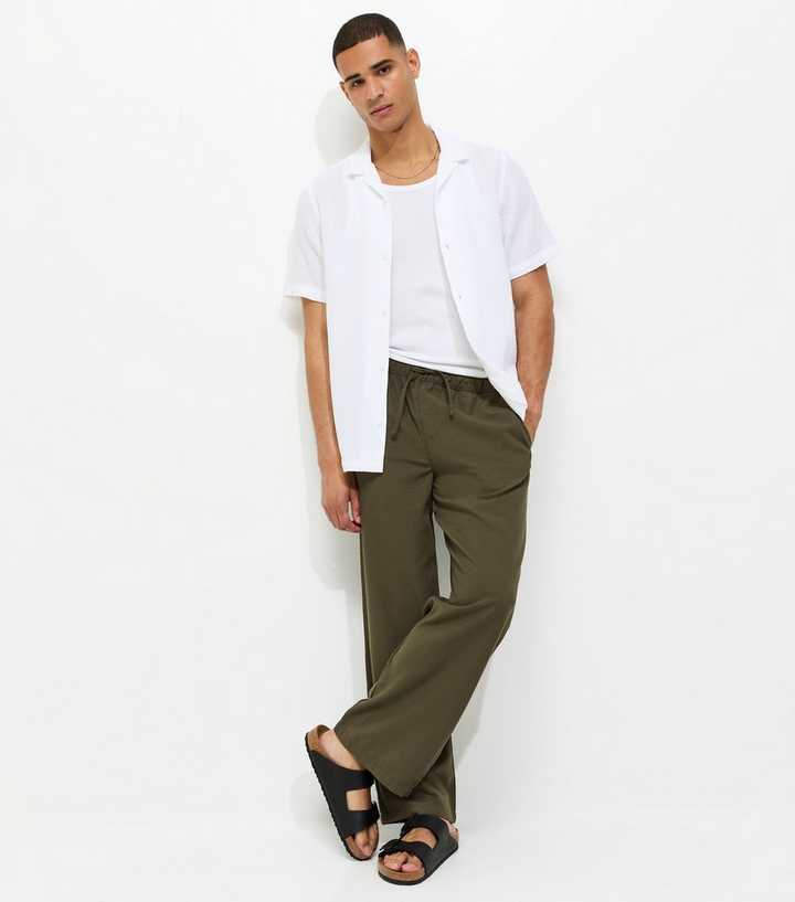 Dark Khaki Relaxed Linen Look Wide Leg Trousers