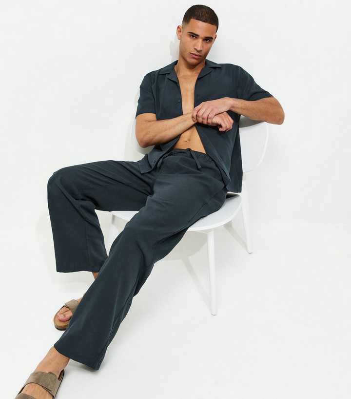 Navy Relaxed Linen Look Wide Leg Trousers