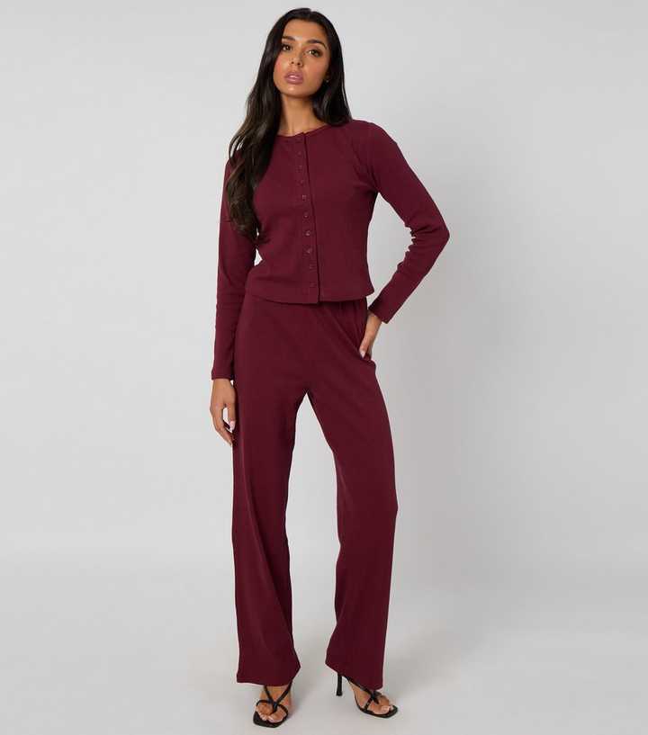 Urban Bliss Burgundy Ribbed Wide Leg Trousers