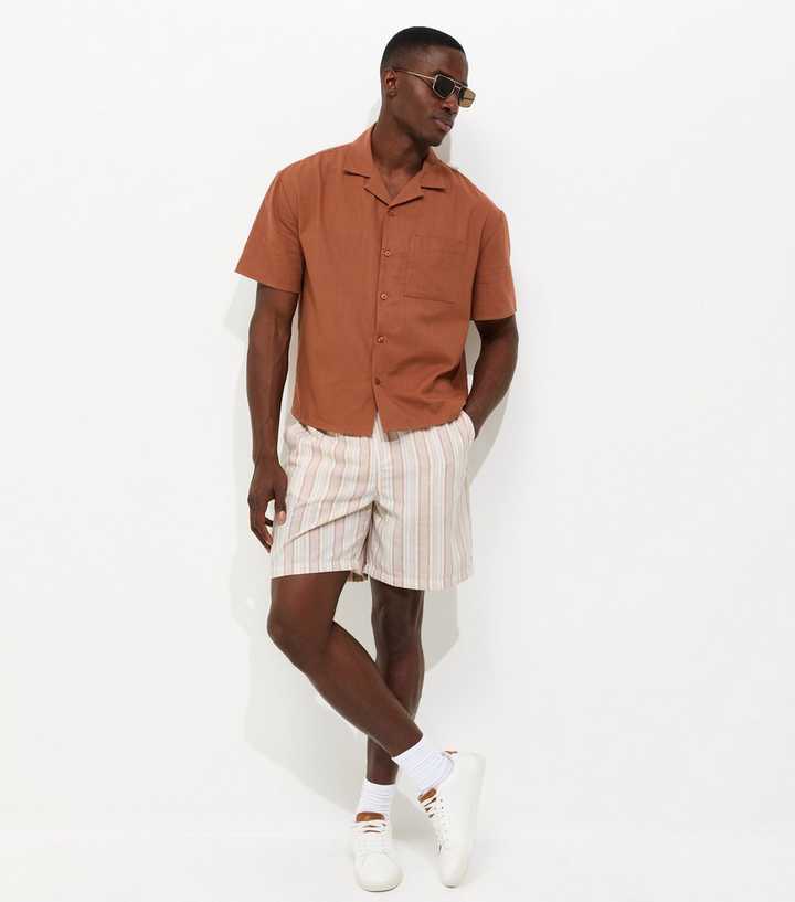Cream Regular Striped Drawstring Shorts