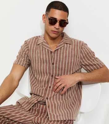 Brown Short Sleeve Stripe Regular Longline Shirt
