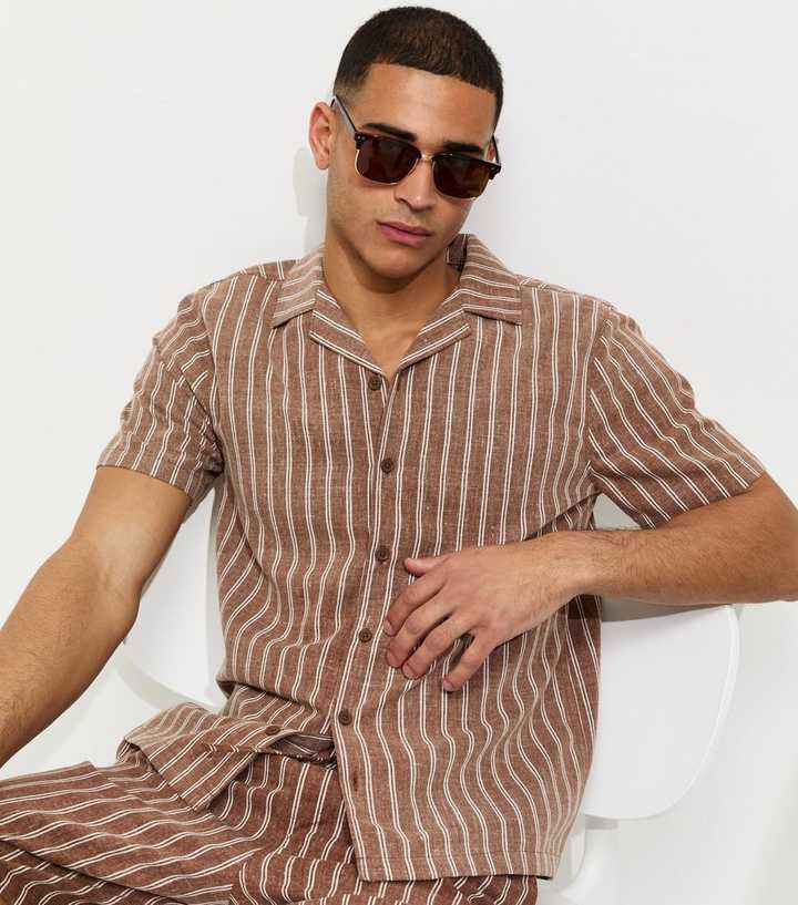 Brown Short Sleeve Stripe Regular Longline Shirt