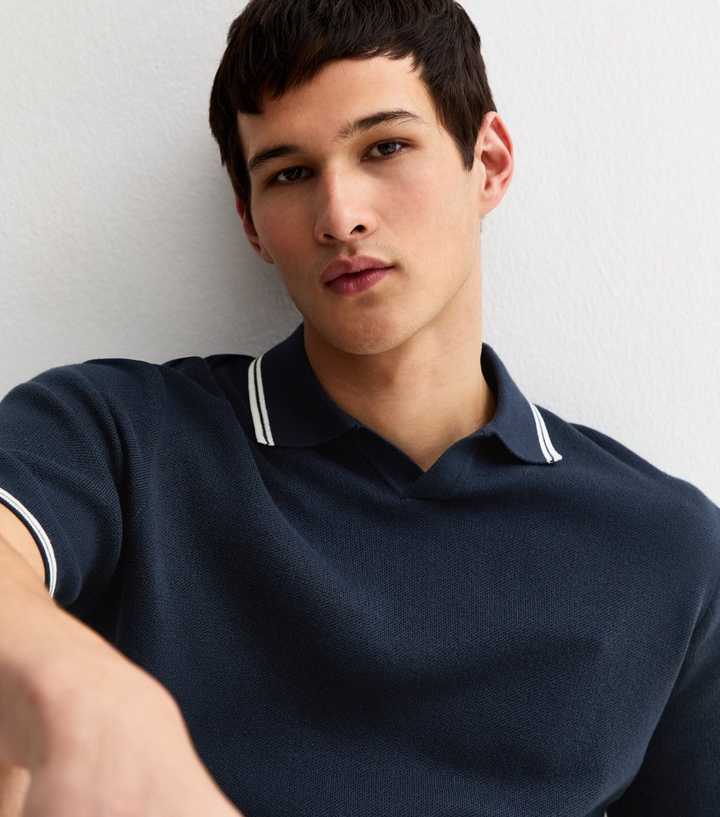 Jack & Jones Navy Contrast Stripe Knitted Polo Shirt