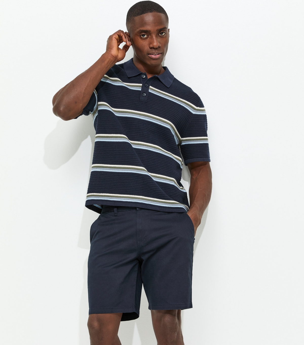 Jack & Jones Men's Blue Pattern Navy Striped Knit Polo Jumper New Look