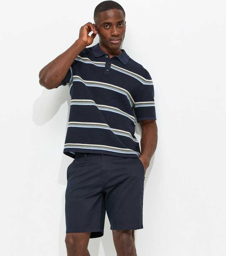 Jack & Jones Navy Striped Knit Polo Jumper