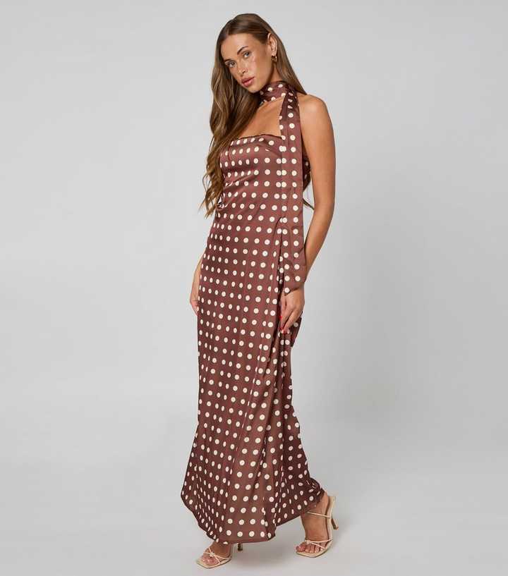Urban Bliss Brown Polka Dot Tie Neck Maxi Dress