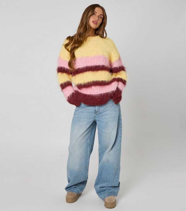 Urban Bliss Light Yellow Fluffy Striped Jumper