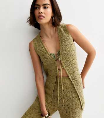 Khaki Cotton Rich Wave Stitch Longline Tie Front Waistcoat